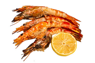 Grilled langoustines with lemon on a white background