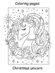 Coloring book page cute head of unicorn with christmas wreath