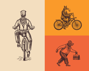 A fox with a pipe in a suit rides a bicycle. Squid and bear. Fashion Animal characters set. Hand drawn sketch. Vector engraved illustration for label, logo and T-shirts or tattoo.