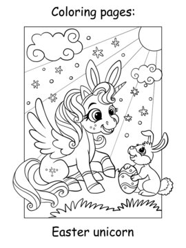 Coloring book page cute unicorn with Easter bunny