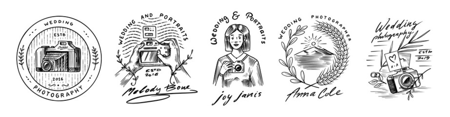 Wedding photographer badges or logos. Photo camera for the holiday. Photography Community. Templates for Retro Studio, vintage store or shop. Hand drawn sketch for postcard, banners. 