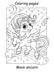 Coloring book page cute flying unicorn with moon