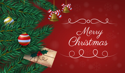 Merry Christmas concept. Colorful red poster with Christmas tree, bells, bows, round toys and inscription. Design element for greeting card or cover. Cartoon contemporary flat vector illustration