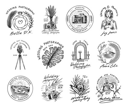 Wedding photographer badges or logos. Photo camera for the holiday. Photography Community. Templates for Retro Studio, vintage store or shop. Hand drawn sketch for postcard, banners. 