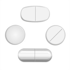Collection of oval, round and capsule shaped tablets. Raster Illustration of medicine and medicines. Medicine drug, capsule and pill modern 3d Realistic.