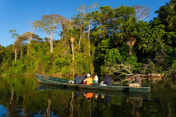 A boat with tourist and water reflections in  amazon jungle, puerto maldonado, Peru