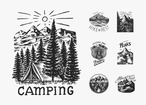 Mountains peaks. Forest Trees and tent and sun. Nature landscape with fir trees. Camping logolabel. Adventure. Badge on the chalkboard. Hand drawn old vintage pin. Sketch in engraved outline style.