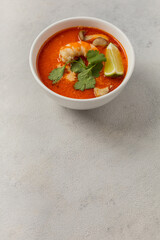 White bowl of fresh Tom Yum soup on a light background