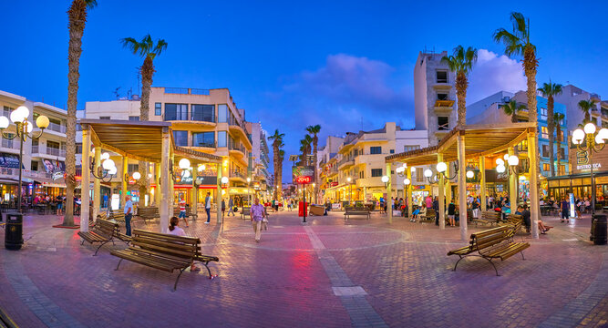 The Bay Square in twilights, Bugibba resort, Malta