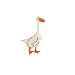 Cute white goose with orange beak and paws. Illustration for kids on white background. Farm animal baby design. Isolated.