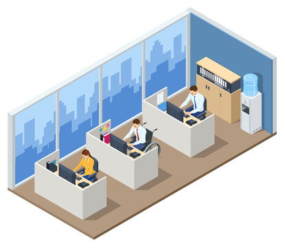 Isometric man in wheelchair working on laptop computer at office. Handicapped businessman character at workplace. Communication over the network. Health care