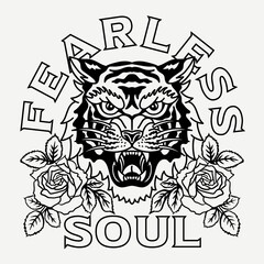 Black and White Tiger with Roses Illustration with A Slogan Artwork on White Background for Apparel or Other Uses