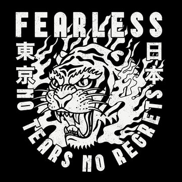 Black and White Tiger Head Illustration in Flames with Fearless Slogan and Japan and Tokyo Words with Japanese Letters Vector Artwork on Black Background for Apparel and Other Uses