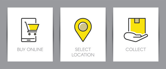 Buy online, select location collection and collect order. Shopping online concept. Web page template. Metaphors with icons.