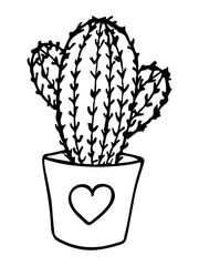 Cute hand drawn simple cactus. Houseplant in a pot. Cacti illustration isolated on white background. 