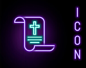 Obraz premium Glowing neon line Decree, paper, parchment, scroll icon icon isolated on black background. Chinese scroll. Colorful outline concept. Vector