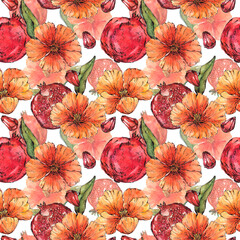 Seamless background pomegranate, flowers and seeds watercolor and ink hand drawn.