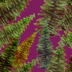 Fototapeta na wymiar Watercolor seamless pattern with fern leaves. Foliage decoration. Vintage botanical exotic illustration wallpaper. 