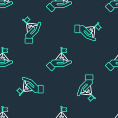 Line Mountains with flag on top icon isolated seamless pattern on black background. Symbol of victory or success concept. Goal achievement. Vector