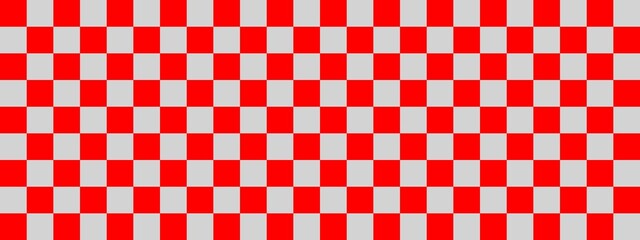 Checkerboard banner. Light grey and Red colors of checkerboard. Small squares, small cells. Chessboard, checkerboard texture. Squares pattern. Background.