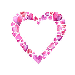 Watercolor composition of pink hearts on white background. Frame, wreath, border. Greeting card, poster, banner with space for text.