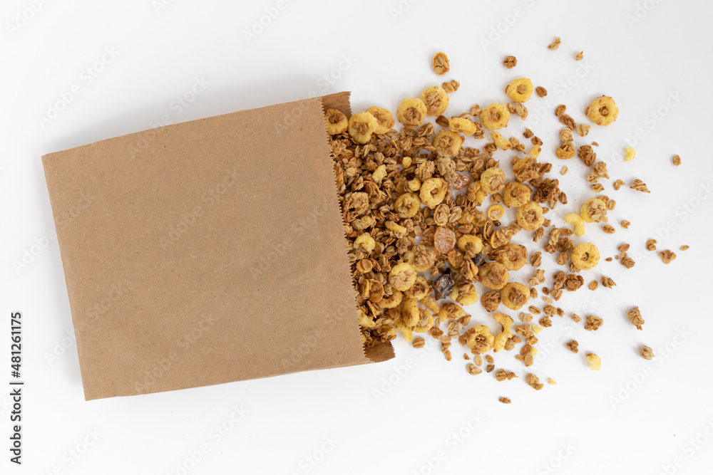 Wall mural crunchy granola isolated on white background, top view