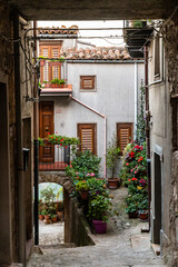Fototapeta na wymiar Rural houses and narrow streets in the medieval village Geraci Siculo, Italy