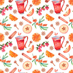 Autumn watercolor seamless pattern with mulled wine, spice, orange, apple, berries on white