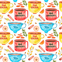Hot drinks cup, tea, cocoa, chocolate watercolor seamless pattern on white.