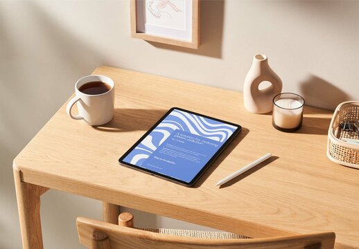 Smart Tablet on a Wooden Desktop Mockup