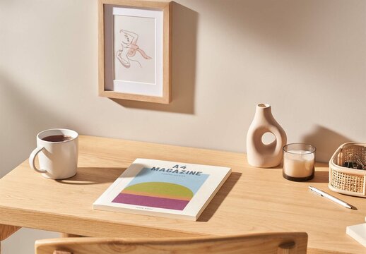 Wooden Desktop with Magazine and Frame Mockup