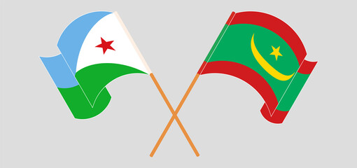 Crossed and waving flags of Djibouti and Mauritania