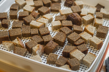 Drying rusk in an electric dryer. Dehydration of white and brown bread crackers. Selective focus