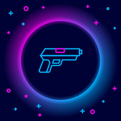 Glowing neon line Pistol or gun icon isolated on black background. Police or military handgun. Small firearm. Colorful outline concept. Vector