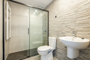 Toilet with white porcelain sanitary ware, glass partition with black metal frames