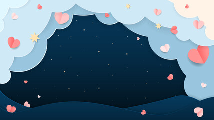 Paper-cut card with heart, clouds, stars, sky and waves. Valentine's day festive romantic background, banner. Stock vector illustration.