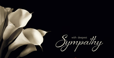Condolence card with white calla lilies isolated on black background