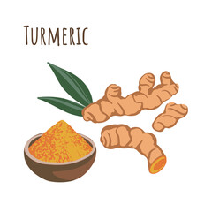 Turmeric seasoning root and powder in spice bowl. Flat style.