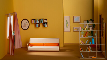Interior of an apartment made of paper. Living room, warm colors, handmade.