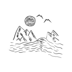 Black simple ink hand drawn foggy mountains, moon and flying birds illustration. Sketchy mountain in fog landscape isolated on white background