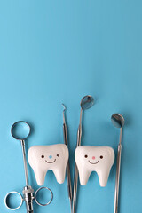 Dental health concept. Dentist day concept. Flat lay, top view, copy space for text.