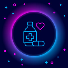Glowing neon line Medicine bottle and pills icon isolated on black background. Bottle pill sign. Pharmacy design. Colorful outline concept. Vector