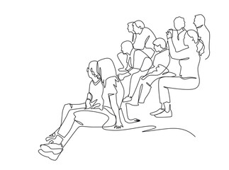 Continuous one line vector drawing group of people. Audience silhouette hand drawn characters. Crowd sitting in a street concert, meeting. Women and men in urban space