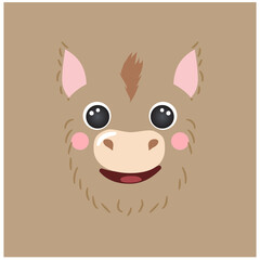 Cute donkey portrait square smiley head cartoon round shape animal face, isolated vector icon illustration. Flat avatar funny farm simple hand drawn for kids poster, cards, t-shirts, baby clothes