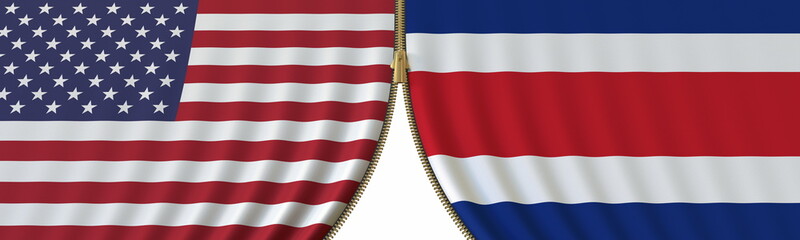 United States and Costa Rica cooperation or conflict, flags and closing or opening zipper between them. Conceptual 3D rendering