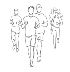 Male runners ink continuous line vector illustration running race competition isolated