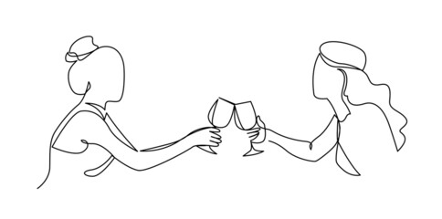 Happy lgbt couple clinking glasses drinking wine at romantic date simple continuous line vector illustration.