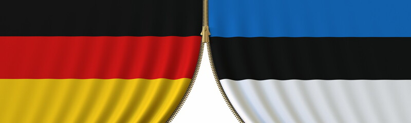 Germany and Estonia political cooperation or conflict, flags and closing or opening zipper, conceptual 3D rendering