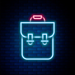 Glowing neon line School backpack icon isolated on brick wall background. Colorful outline concept. Vector