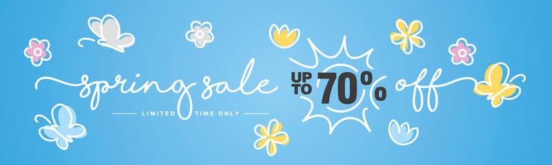Fototapeta na wymiar Spring Sale up to 70 % off handwritten typography lettering line design colorful flowers butterflies tulips blue greeting card